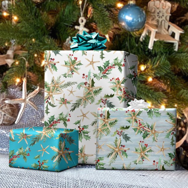 Coastal Christmas Tropical Beach Starfish Blue Wrapping Paper Sheet (Creator Uploaded)