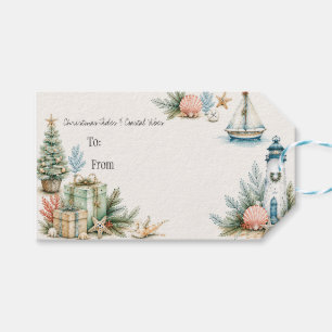 Coastal Christmas Watercolor Lighthouse & Seashell Gift Tags
