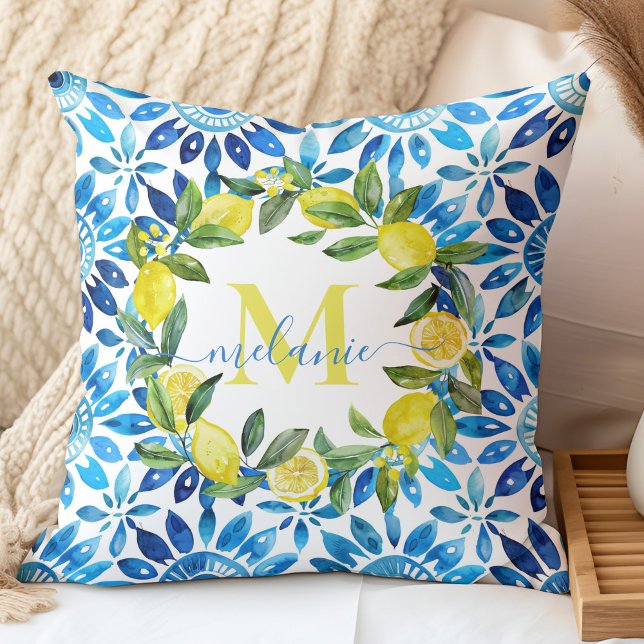 Coastal Citrus & Blue Tiles Custom Name Monogram Cushion (Coastal Citrus & Blue Tiles Custom Name Monogram Throw Pillow in a neutral boho bedroom.)