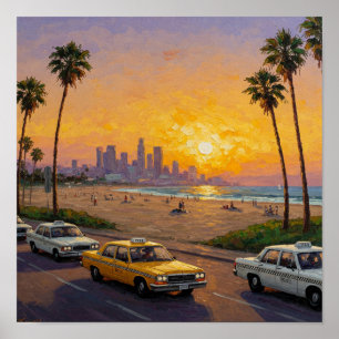 Coastal City Sunset Palm Trees Square Poster