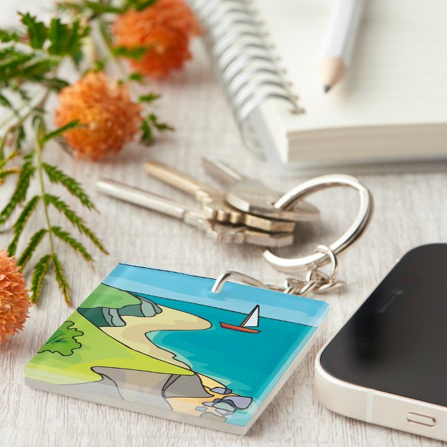 Coastal Cliff Beach Sailboat Key Ring (Creator Uploaded)