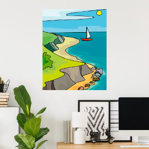 Coastal Cliff Beach Sailboat Poster