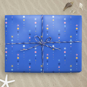 Coastal Cobalt Blue Starfish Stripes Wrapping Paper
