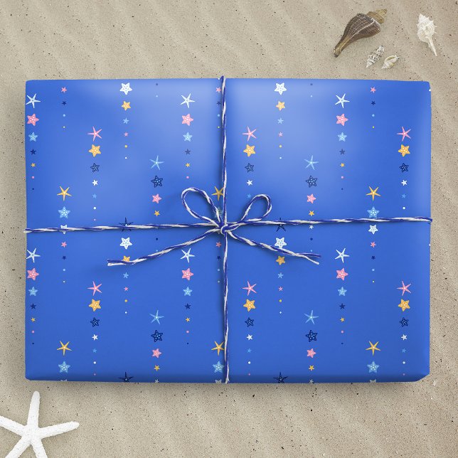 Coastal Cobalt Blue Starfish Stripes Wrapping Paper (Cobalt Blue Starfish Stripes wrapping paper gift mockup)