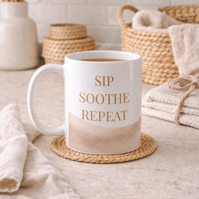 Coastal Coffee Ritual Classic Mug, 11 oz Mug (Taupe watercolor wrap with gold Sip Soothe Repeat for refined coffee rituals.)