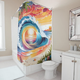 Coastal & Colorful Vibrant Sunset Beach Wave Shower Curtain