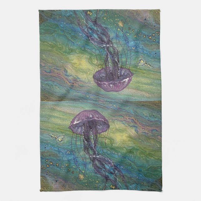Coastal colourful jellyfish kitchen towel (Vertical)