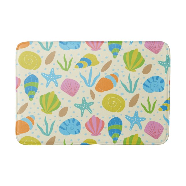 Coastal Colourful Seashells starfish and oysters Bath Mat (Front)