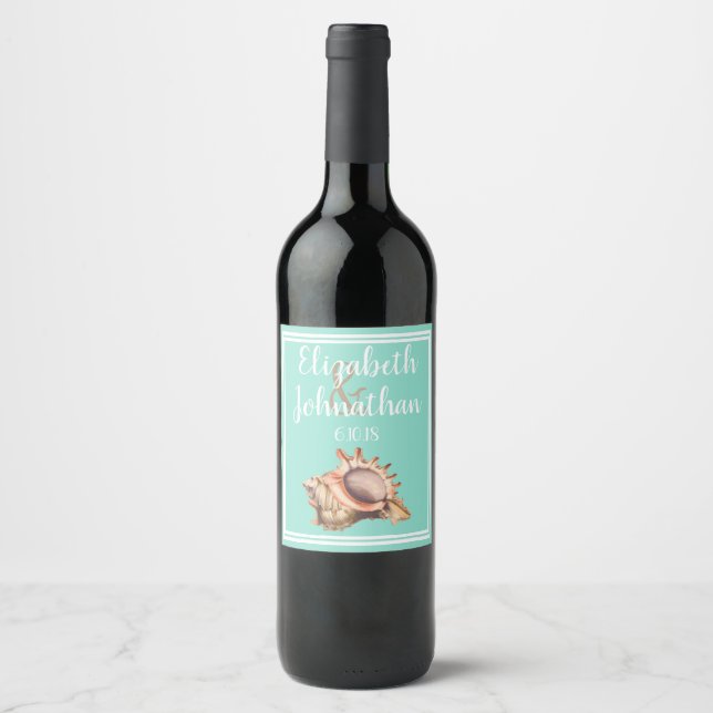 Coastal Conch Seashell & Sea Glass Green Wedding Wine Label (Front)