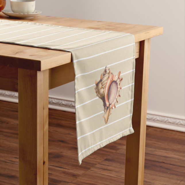 Coastal Conch Seashell & Stripes Medium Table Runner (In Situ)