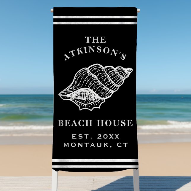 Coastal Conch Shell Beach House Family Name Black Beach Towel (Creator Uploaded)