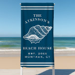 Coastal Conch Shell Beach House Family Name Navy Beach Towel<br><div class="desc">Coastal Conch Shell Beach House Family Name Navy Beach Towel.  Personalise this custom design with your own family name,  year established,  city and state. The perfect summer beach towels for your family lake house,  cottage,  or beach house.</div>