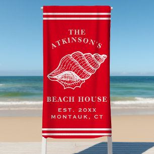 Coastal Conch Shell Beach House Family Name Red Towel