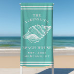 Coastal Conch Shell Beach House Family Name Teal Beach Towel<br><div class="desc">Coastal Conch Shell Beach House Family Name Teal Beach Towel.  Personalise this custom design with your own family name,  year established,  city and state. The perfect summer beach towels for your family lake house,  cottage,  or beach house.</div>