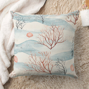 Coastal Coral and Seashells in Rust Orange & Blue Cushion