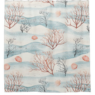 Coastal Coral and Seashells in Rust Orange & Blue Shower Curtain
