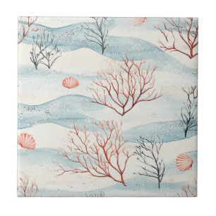 Coastal Coral and Seashells in Rust Orange & Blue Tile