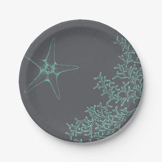 Coastal Coral and Star Fish Nautical Beach Theme Paper Plate (Front)