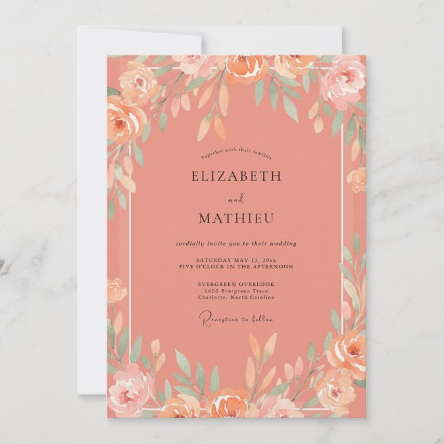 Coastal Coral Blossom Wreath Wedding Invitation (Front)