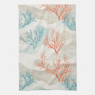 Coastal Coral Branches in Blue and Orange Tea Towel