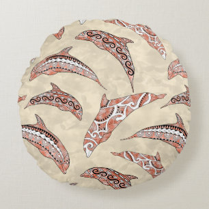 Coastal Coral Hawaiian Tribal Dolphins Round Cushion