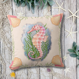 Coastal Coral Seahorse Throw Pillow