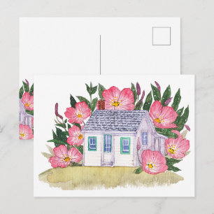 Coastal Cottage and Pink Wildflower Postcard