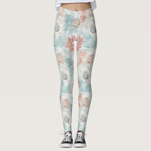 Coastal Cottage Aqua Seashell Pattern Leggings