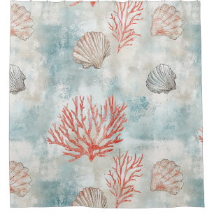 Coastal Cottage Aqua Seashell Pattern Shower Curtain