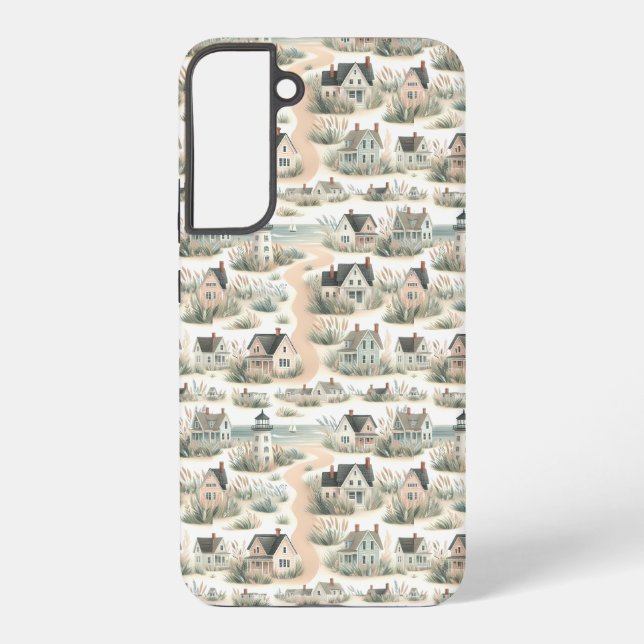 Coastal Cottage Lighthouse Pattern Samsung Galaxy S22+ Case (Back)
