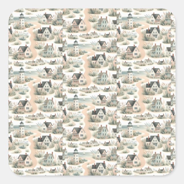 Coastal Cottage Lighthouse Pattern Square Sticker (Front)