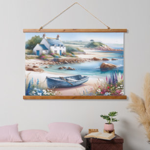 Coastal Cottage Seaside Rowboat Bloom Hanging Tapestry