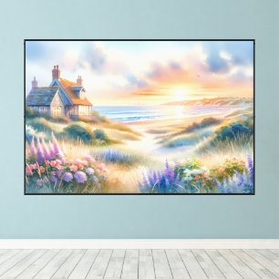 Coastal Cottage Sunset Dunes Watercolor Canvas Print