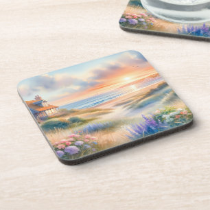 Coastal Cottage Sunset Dunes Watercolor Coaster