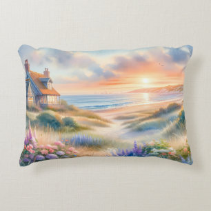 Coastal Cottage Sunset Dunes Watercolor Decorative Cushion