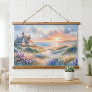 Coastal Cottage Sunset Dunes Watercolor Hanging Tapestry