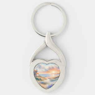 Coastal Cottage Sunset Dunes Watercolor Key Ring
