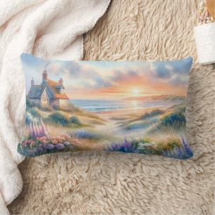 Coastal Cottage Sunset Dunes Watercolor Lumbar Cushion