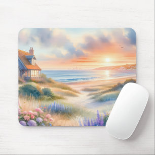 Coastal Cottage Sunset Dunes Watercolor Mouse Pad