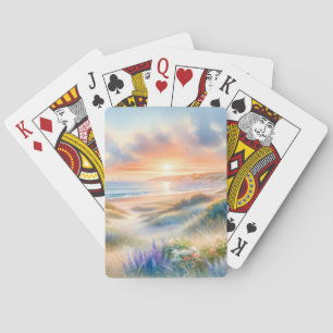 Coastal Cottage Sunset Dunes Watercolor Playing Cards