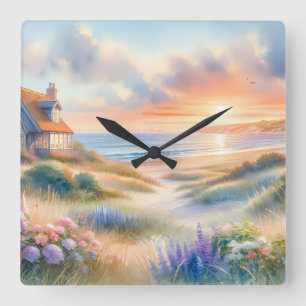 Coastal Cottage Sunset Dunes Watercolor Square Wall Clock