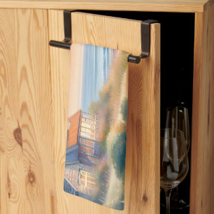 Coastal Cottage Sunset Dunes Watercolor Tea Towel