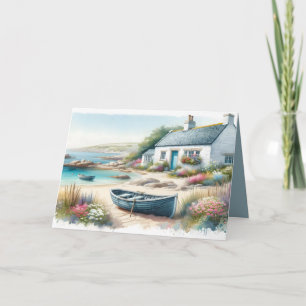 Coastal Cottage Watercolor Seaside Scene Card