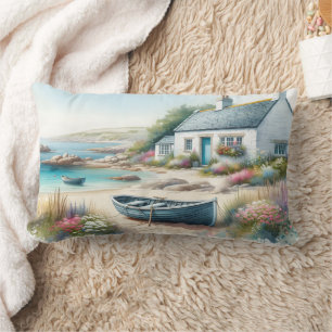 Coastal Cottage Watercolor Seaside Scene Lumbar Cushion