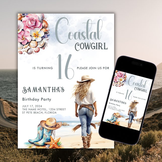 Coastal Cowgirl 16 Birthday Party Cowboy Boots  Invitation (Creator Uploaded)