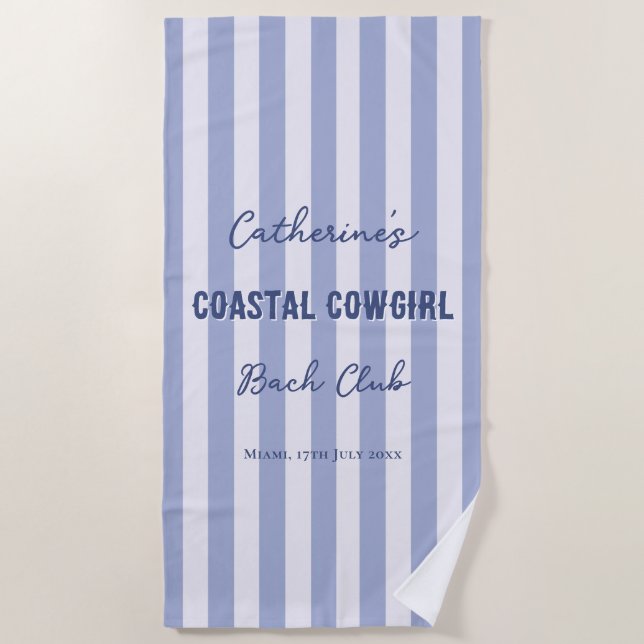 Coastal Cowgirl Bach Club Blue White Stripes Beach Towel (Front)