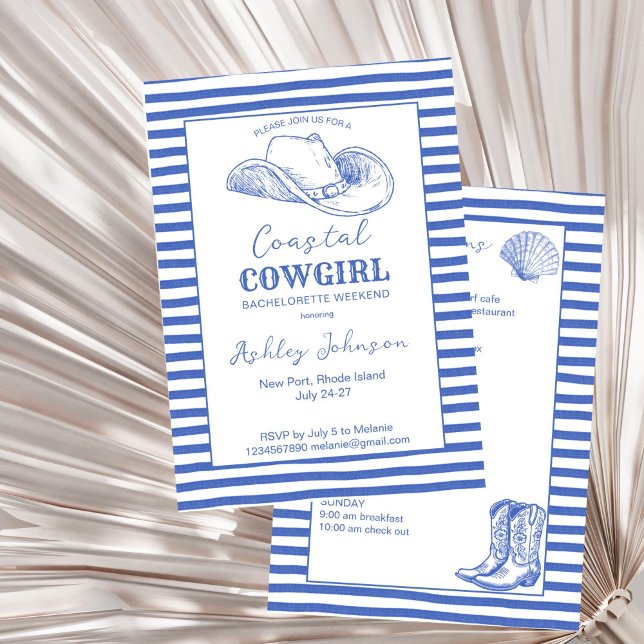 Coastal Cowgirl Bachelorette weekend Invitation (Coastal Cowgirl Bachelorette weekend itinerary Invitation template last toast on a coast dusty blue)