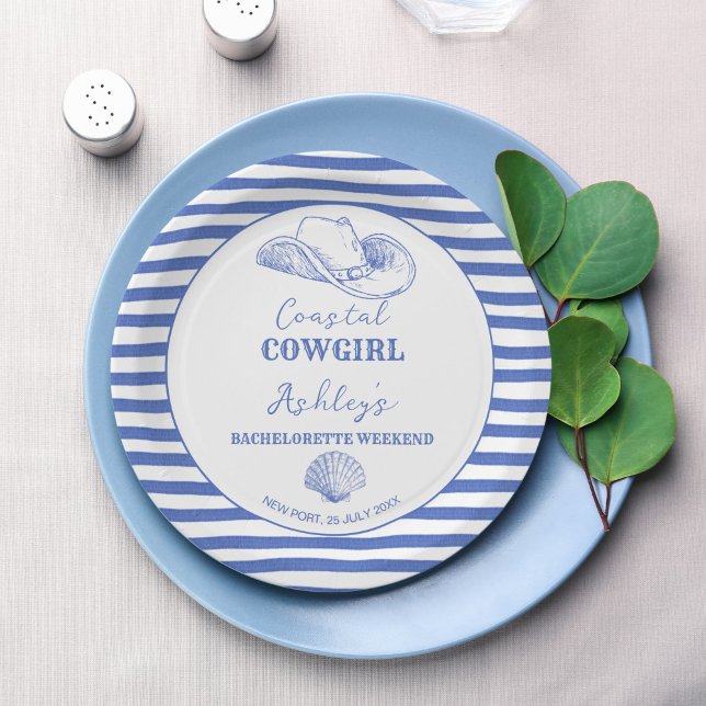 Coastal Cowgirl Bachelorette weekend printed Paper Plate (Coastal Cowgirl Bachelorette weekend party personalized printed Paper Plates dusty blue nautical)