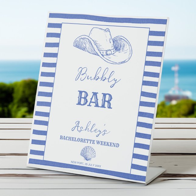 Coastal Cowgirl Bachelorette weekend printed Pedestal Sign (Coastal Cowgirl Bachelorette party personalized decor printed table Pedestal Sign dusty blue stripes)