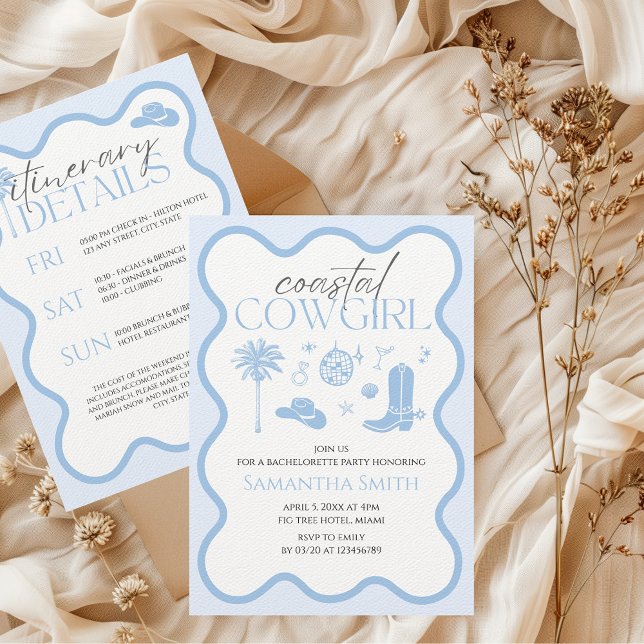 Coastal Cowgirl Blue Bachelorette Weekend Details Invitation (Coastal Cowgirl Bachelorette Weekend Itinerary Invitation)